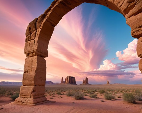 Desert Landscape with Stone Archway at Sunset