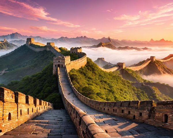 Great Wall of China at Sunrise Over Rugged Mountains