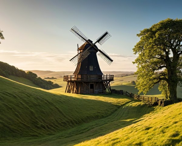 Serene Countryside Landscape with Windmill and Hills