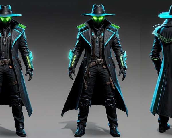 Futuristic character in dark trench coat with neon accents