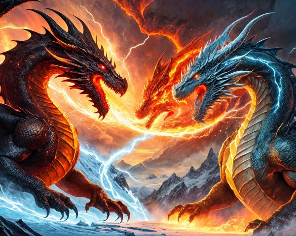 Colossal Dragons Battle Amidst Stormy Skies