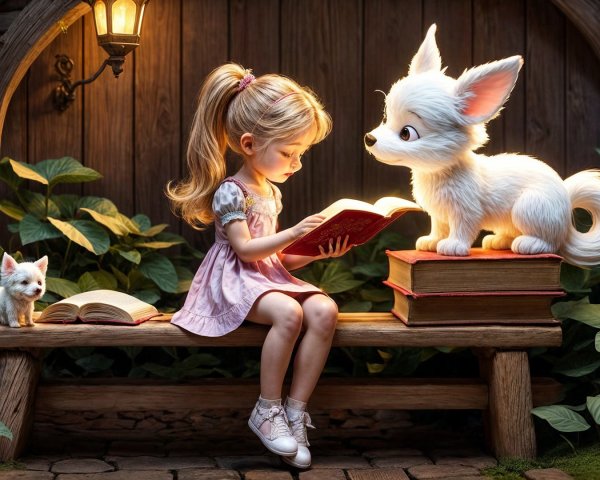 Young Girl Reading in Enchanted Garden Setting