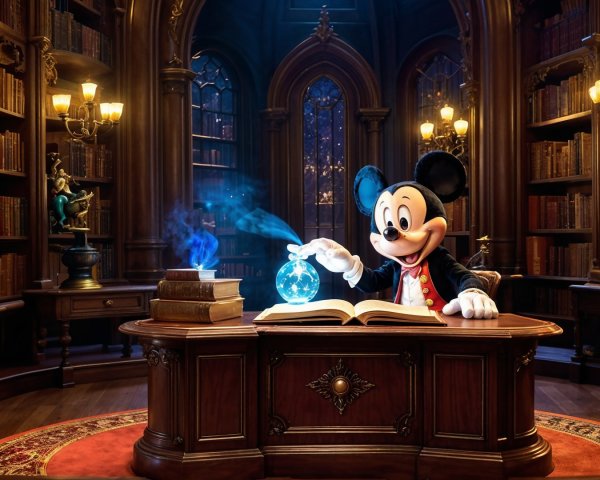 Magical Library Scene with Enchanted Book and Mouse