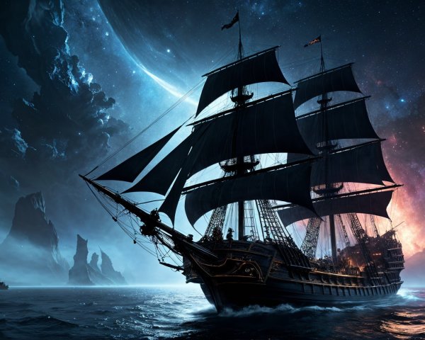 Majestic Ship Sailing Through Cosmic Sea at Night