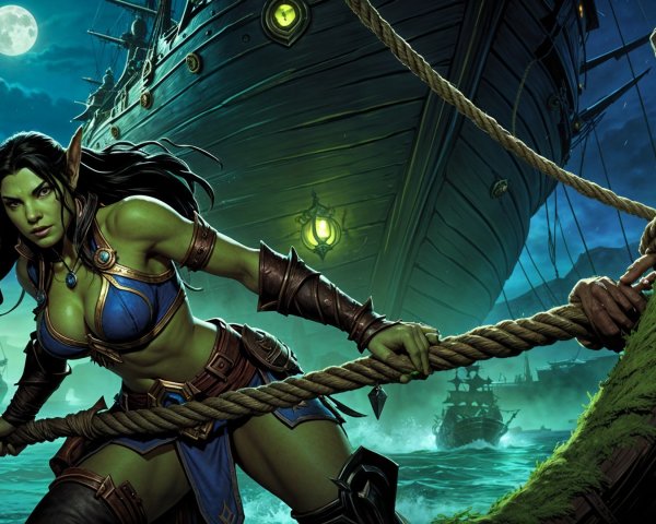 Fierce Female Character on Dock with Ominous Ship