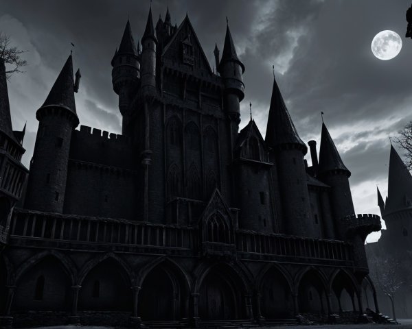 Gothic Castle Under Full Moon with Eerie Atmosphere