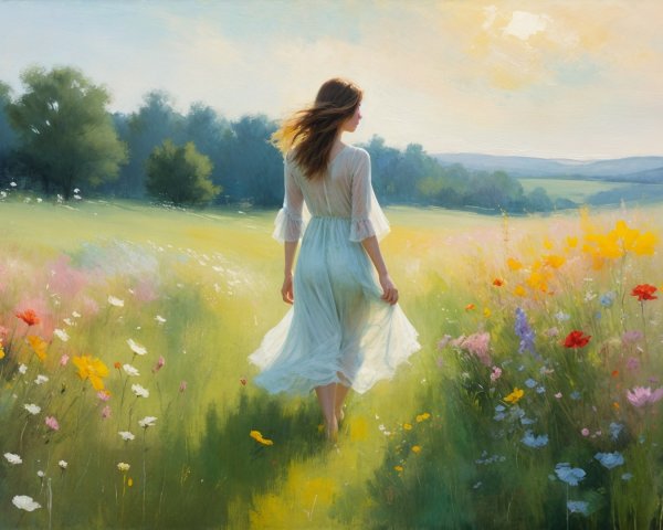 Woman in White Dress in Vibrant Wildflower Meadow