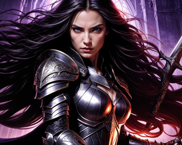 Fierce warrior in silver armor with gothic backdrop