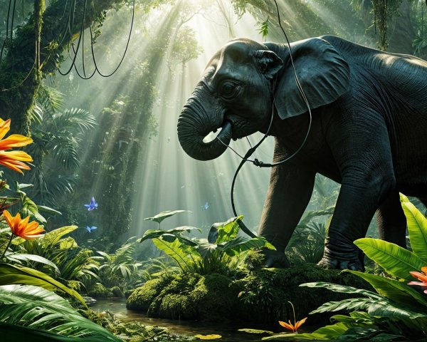 Majestic elephant in a vibrant jungle ecosystem