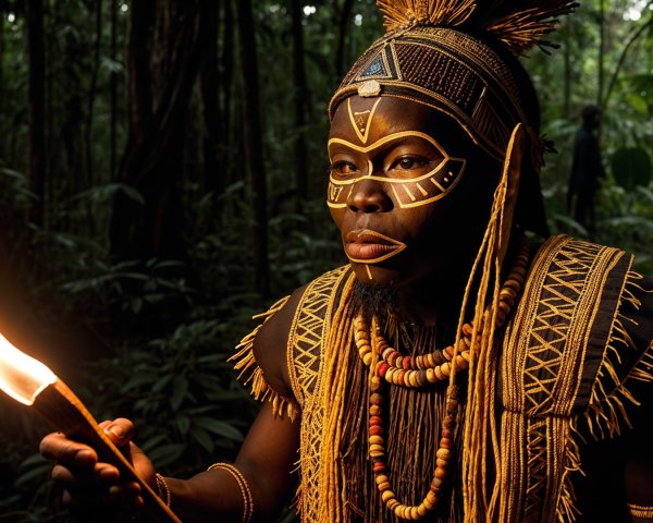 Warrior in Jungle with Torch and Tribal Attire