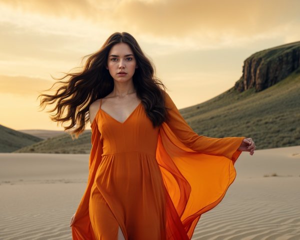 Desert Landscape at Sunset with Woman in Orange Dress