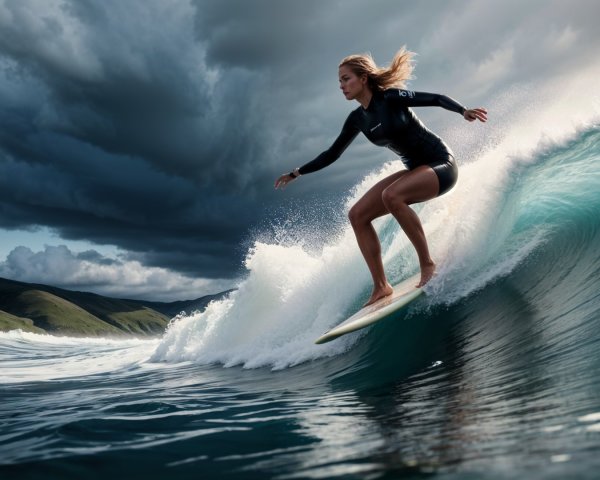 Surfer Riding Vibrant Wave Amid Stormy Clouds