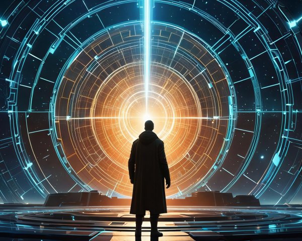 Man Observing Luminous Orange and Blue Portal in Space