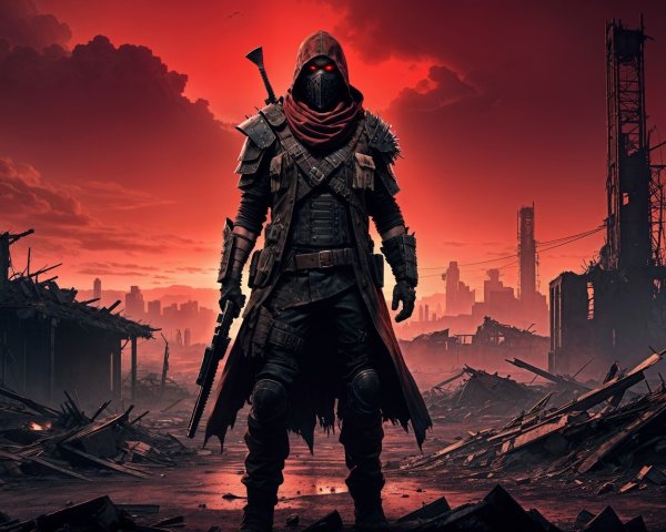 Hooded Figure in Post-Apocalyptic Urban Landscape