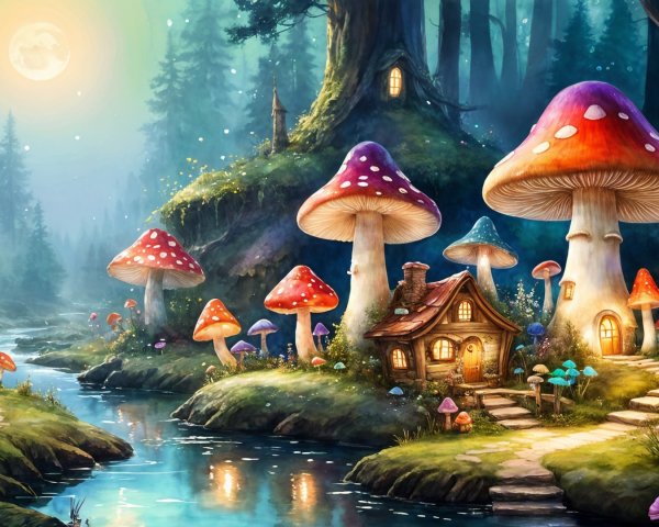 Whimsical Forest Scene with Colorful Mushrooms and Cottage