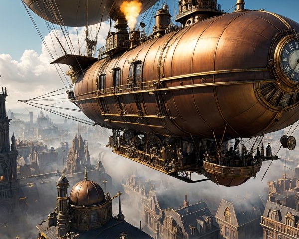 Steampunk Airship Overlooks Cityscape with Domes and Towers