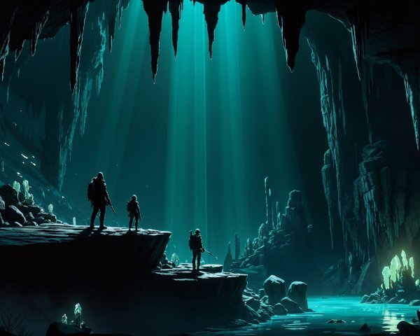 Silhouetted Figures in a Dark Cave with Turquoise Light