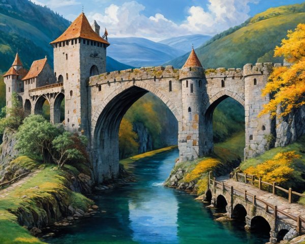 Stone Bridge Over Serene River and Autumn Landscape