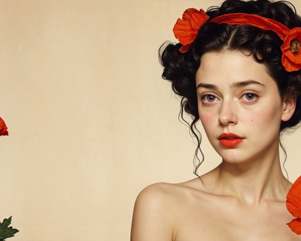 Young Woman with Curly Hair and Red Poppies