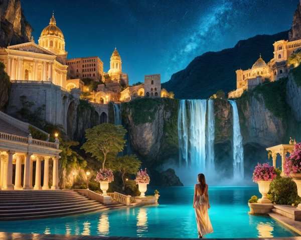 Majestic waterfall and turquoise pool in serene night scene