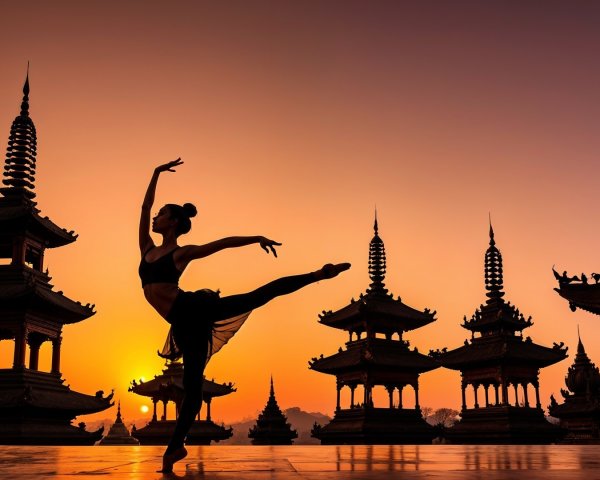 Ballet Dancer Posing at Sunset with Pagoda Silhouettes