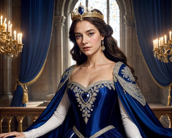 Regal Figure in Elegant Blue Gown in Castle Setting