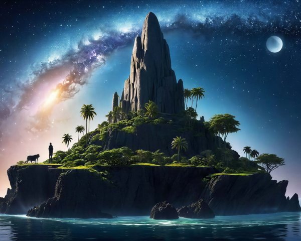 Fantastical Night Landscape with Island and Mountain Peak