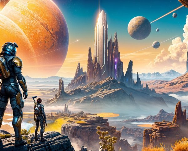 Alien Landscape with Explorers and Vibrant Sky