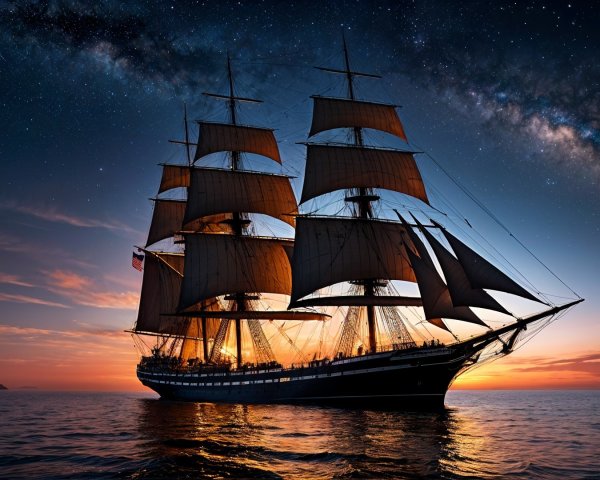 Tall Ship Sailing at Dusk Under Starry Sky