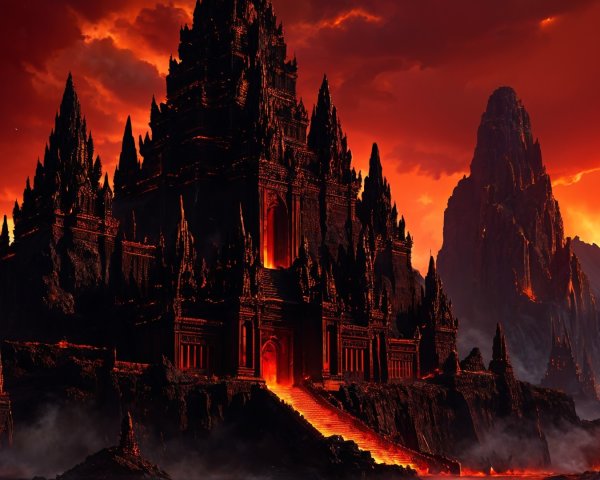 Majestic Castle in Volcanic Landscape with Lava Flow