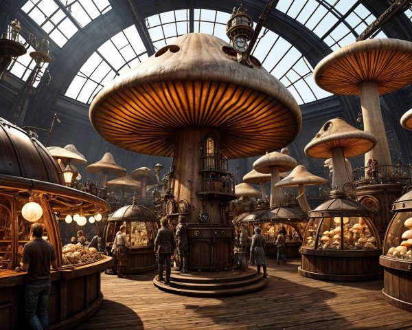 Surreal Mushroom Marketplace with Glowing Orbs
