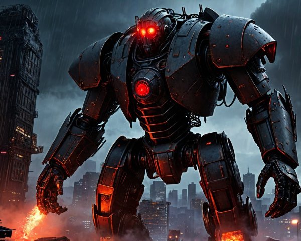 Menacing Robot Overlooks Futuristic Cityscape