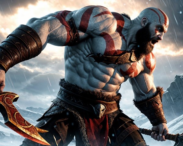 Muscular Warrior in Snowy Landscape with Dual Weapons