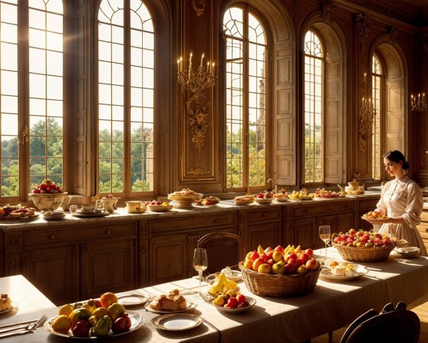 Elegant Kitchen Display of Fruits and Pastries