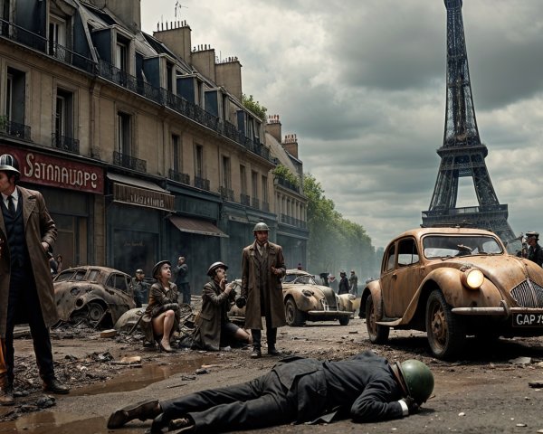 Somber Gathering in War-Torn Paris with Eiffel Tower