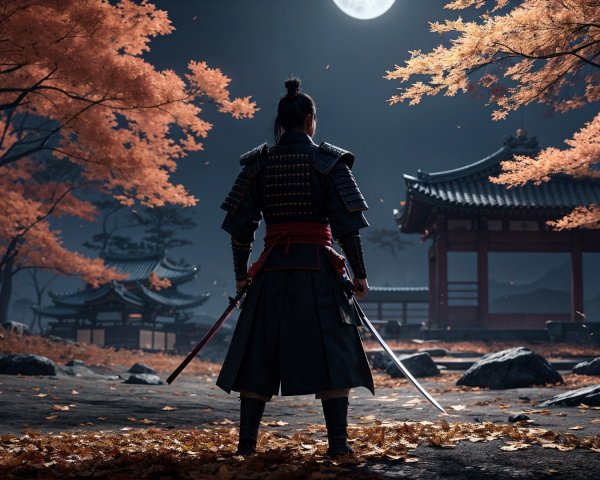 Samurai in Autumn Landscape with Moonlit Background