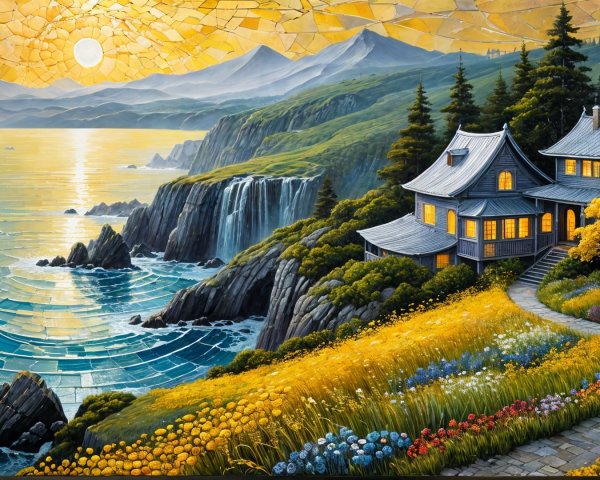 Serene Landscape with Cozy House by Tranquil Sea
