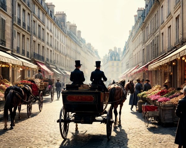 Vintage Paris Street Scene with Carriages and Stalls