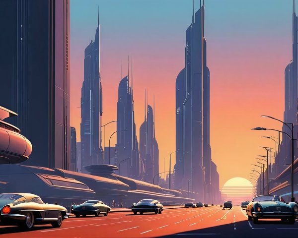 Ultra-Modern Cityscape at Sunset with Futuristic Elements
