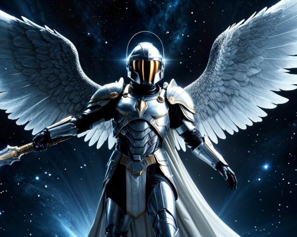 Majestic Warrior in Silver Armor with Ethereal Wings