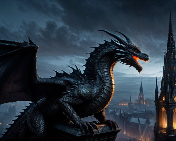 Black Dragon Over Gothic Cityscape at Dusk