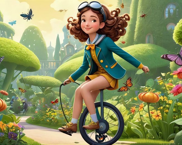 Colorful Cartoon Illustration of a Girl on a Unicycle