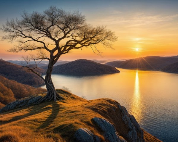 Solitary Tree Overlooking Serene Lake at Sunset