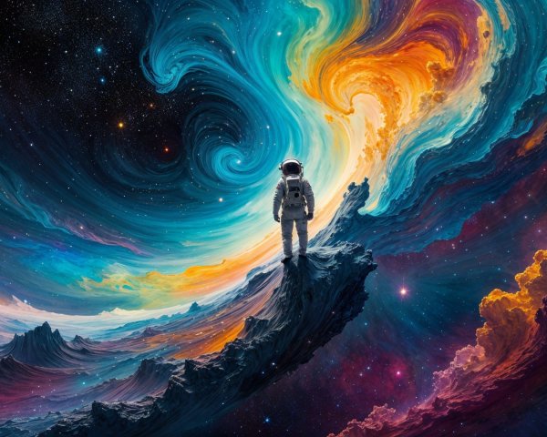 Astronaut on Cliff Overlooking Colorful Cosmic Scene