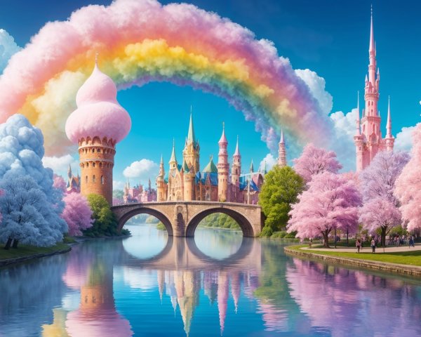 Whimsical Landscape with Rainbow and Fairytale Castle