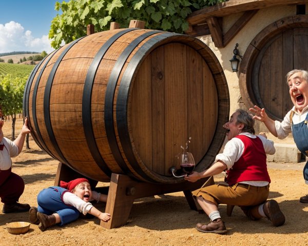 Cartoon Characters Play in Vineyard with Wine Barrel