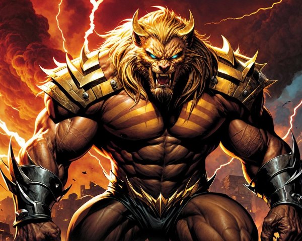 Muscular Lion-like Creature in Fiery Apocalyptic Scene