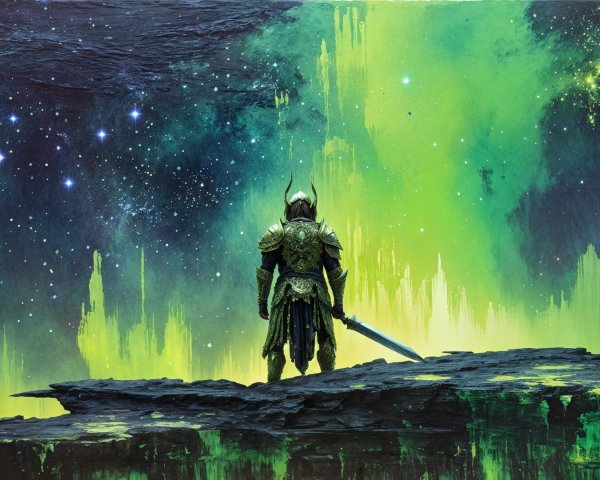 Solitary Warrior in Ornate Armor Against Cosmic Landscape