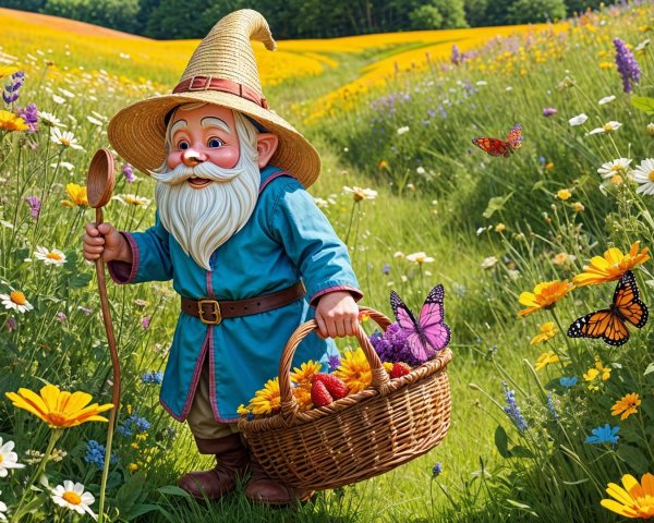 Cheerful gnome in vibrant meadow with wildflowers