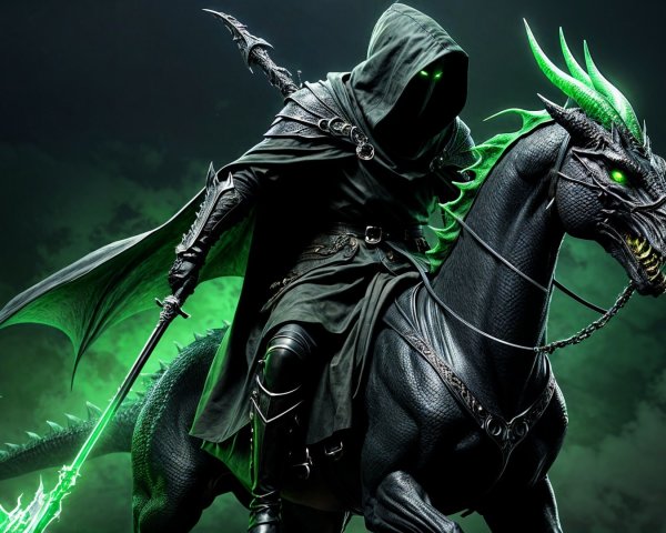 Hooded Figure on Black Horse with Dragon Wings